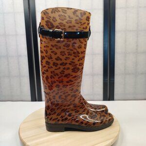 Lauren Ralph Lauren Cognac & Brown Leopard Print Knee High Rain Boots Women US 7